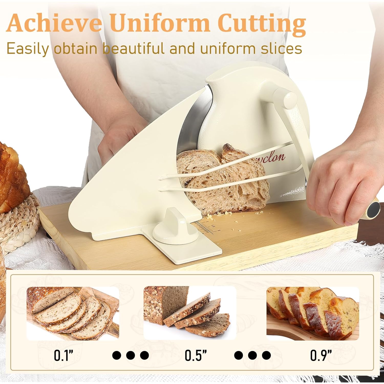 Brvclon Manual Bread Slicer for Homemade Sourdough,Adjustable Thickness,Hand Crank Bread Slicer with Stainless Steel Blade, Aluminum Alloy Frame & Solid Wood Base with Natural Wood Veneer Finish