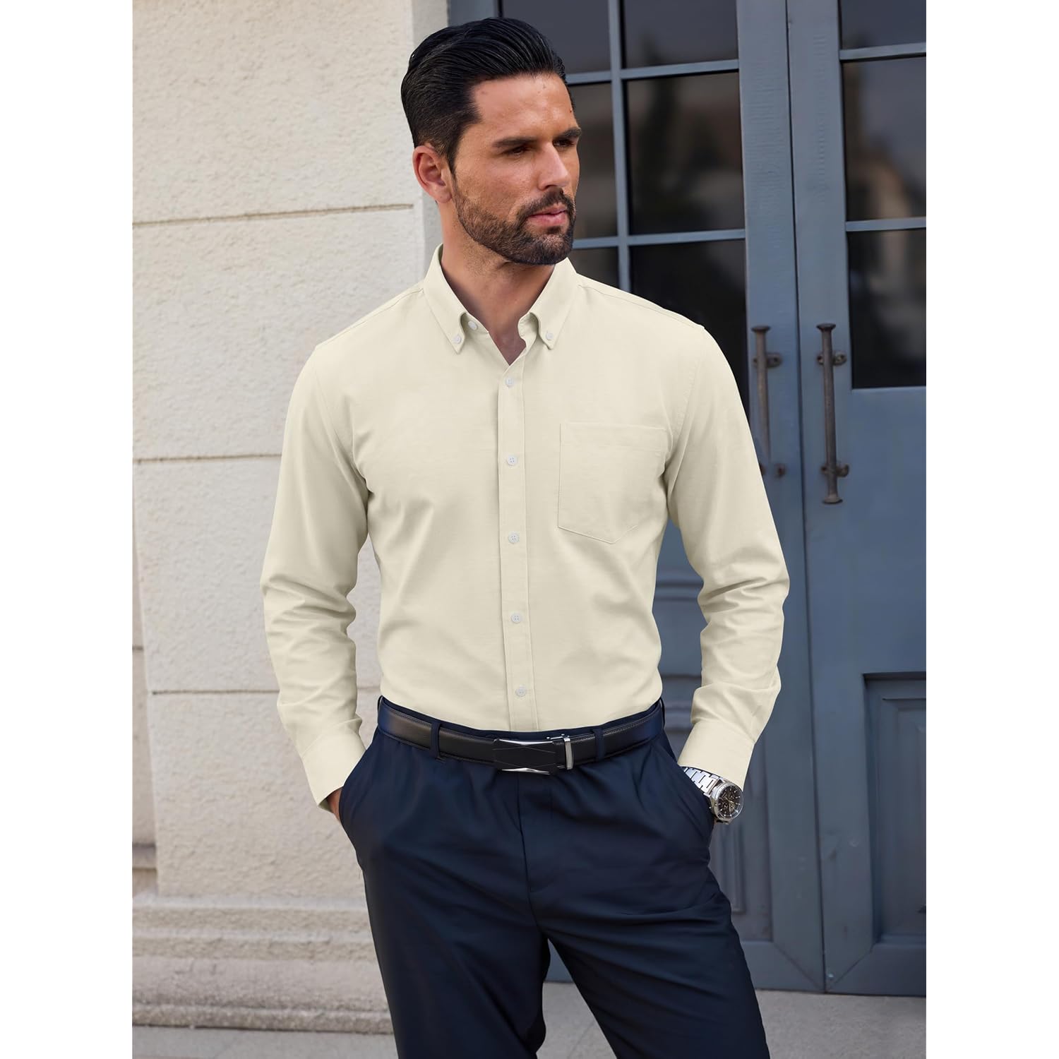 Men'S Oxford Dress Shirts Long Sleeve Wrinkle-Resistant Button Down Shirt Business Casual Regular Fit With Pocket