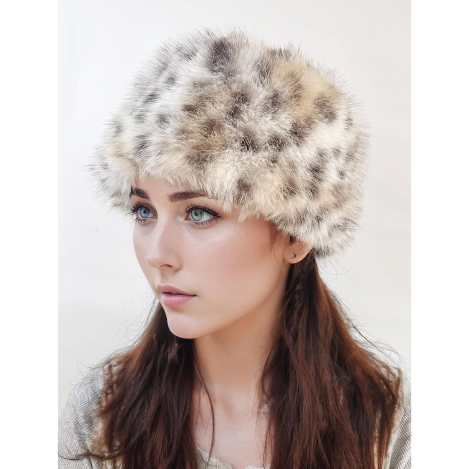 Women's Faux Fur Hat for Winter, Furry Cossack Russian Style Leopard Printed Warm Beanie Cap