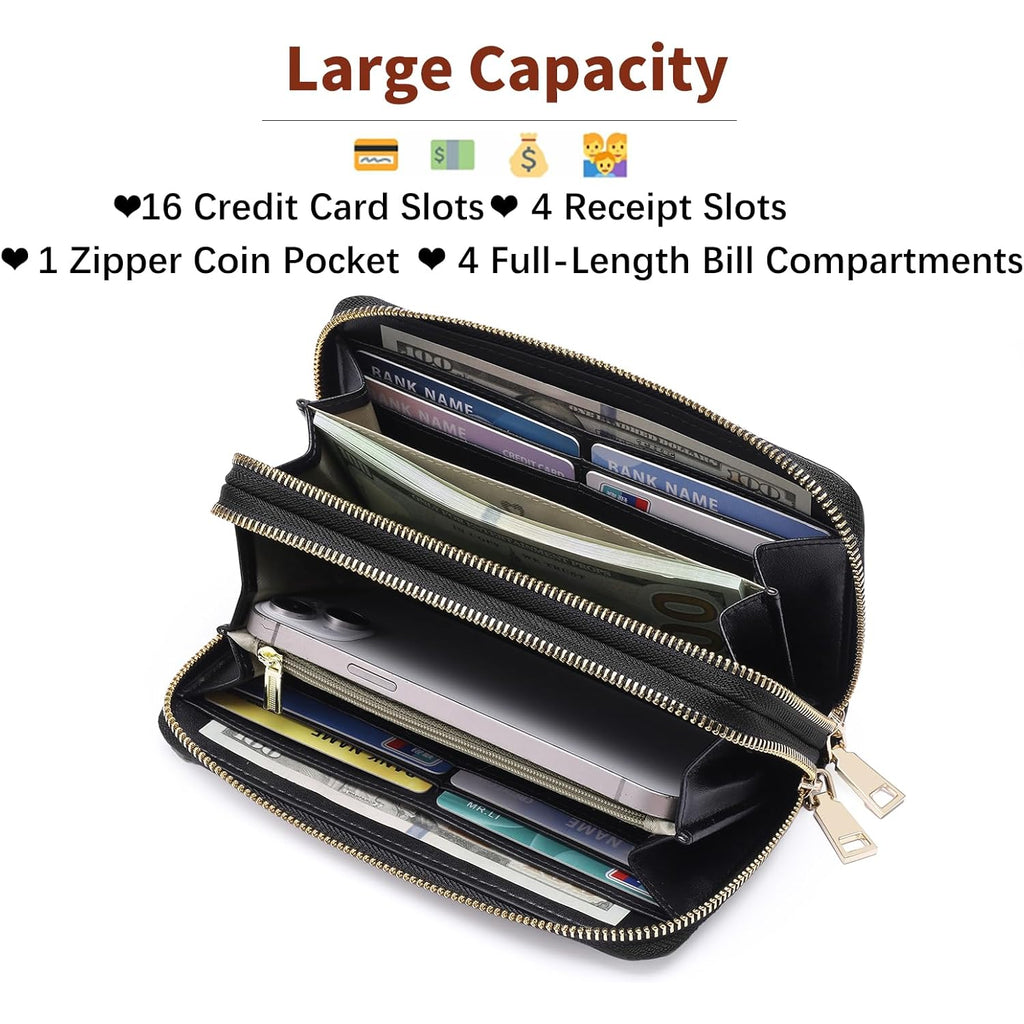 GOIACII Women's Wallet Large Capacity Double Zip Ladies Card Phone Holder RFID Blocking Wristlet Leather