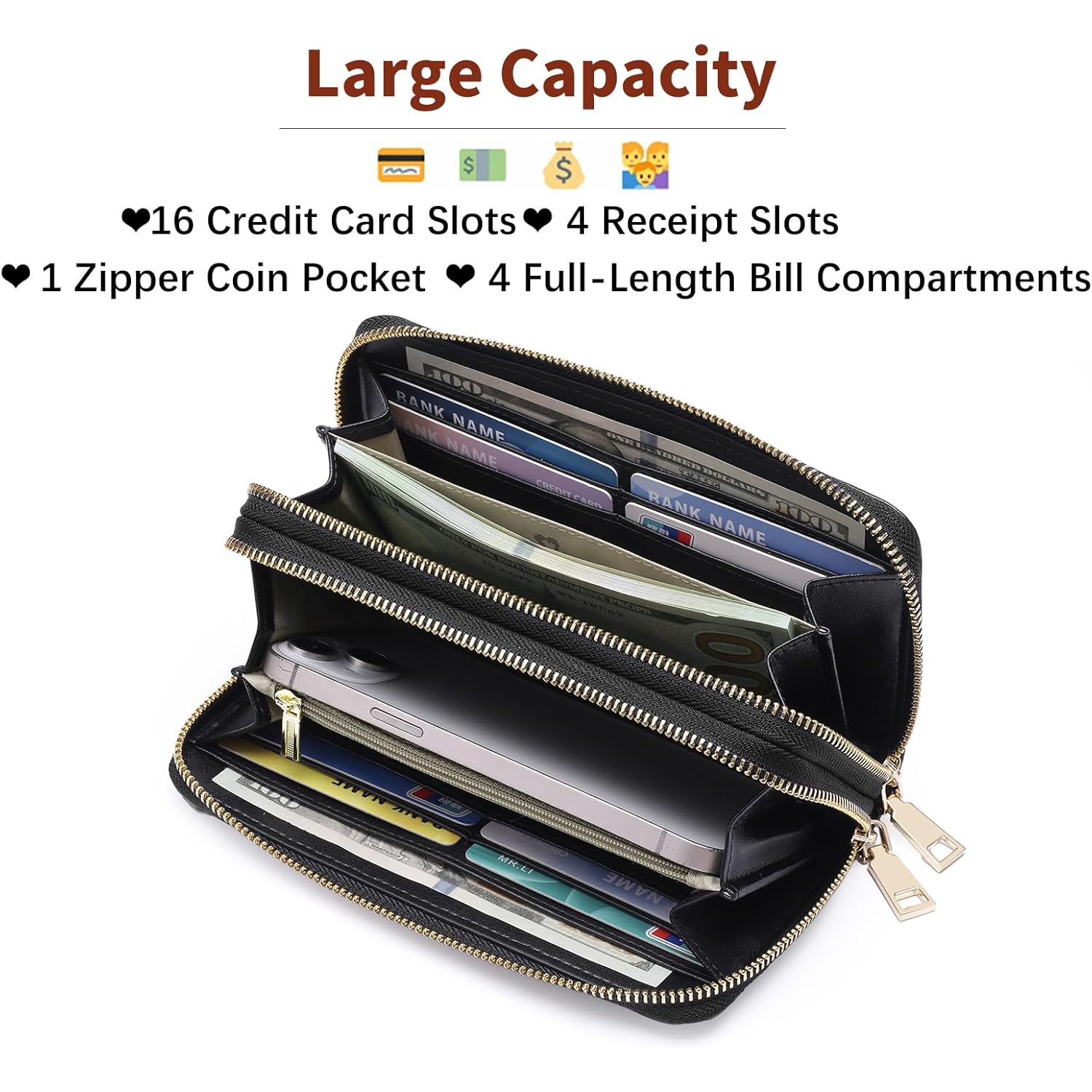 GOIACII Women's Wallet Large Capacity Double Zip Ladies Card Phone Holder RFID Blocking Wristlet Leather