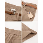 Women Bermuda Shorts Elastic Waist Wide Leg Shorts with Pockets & Belts