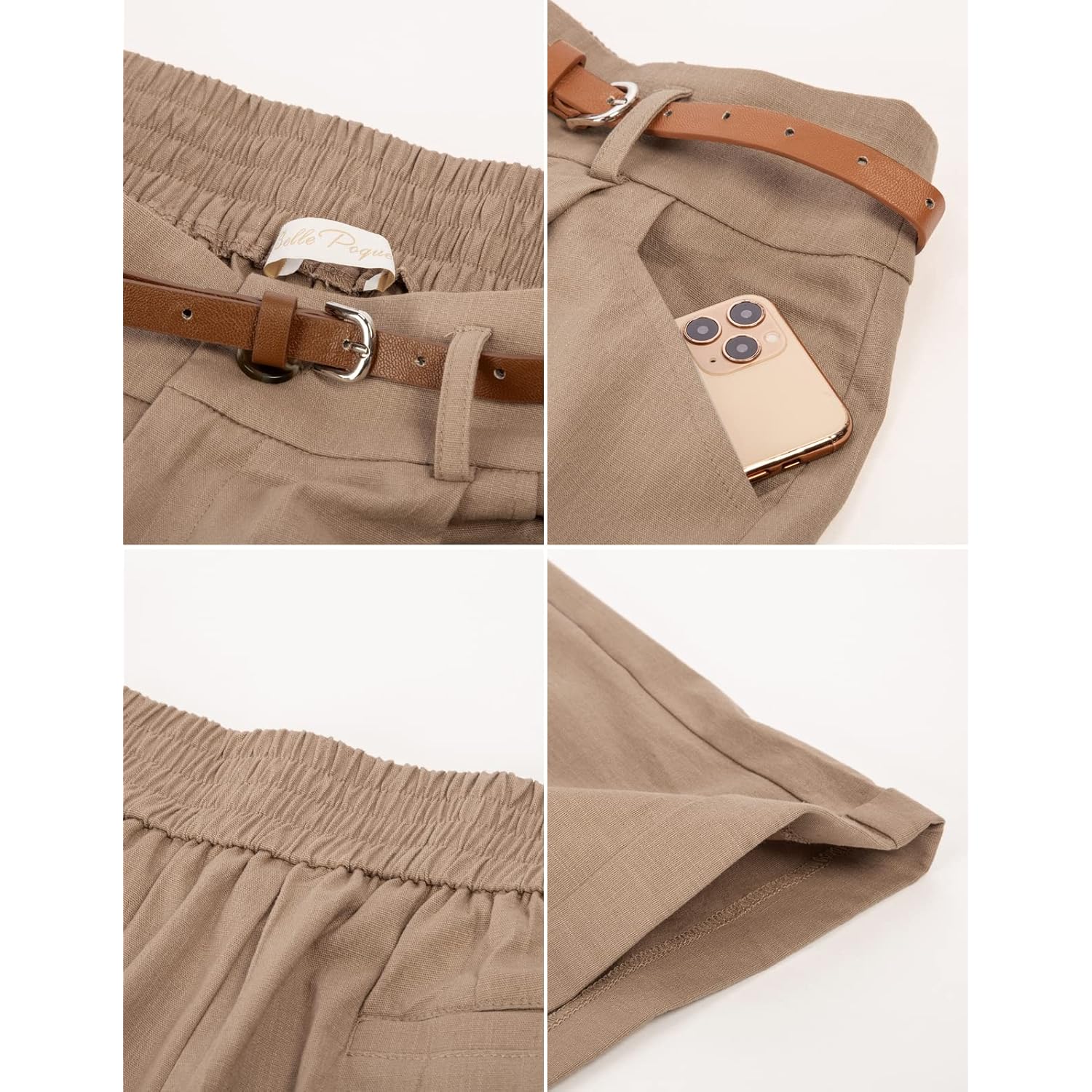 Women Bermuda Shorts Elastic Waist Wide Leg Shorts with Pockets & Belts