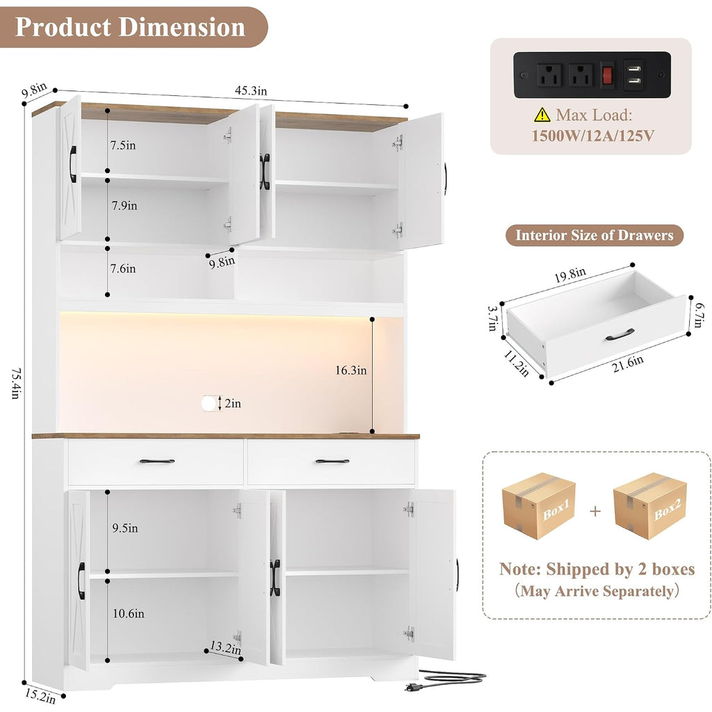 Hostack 75" Tall Kitchen Pantry Storage Cabinet, 45" W Hutch Cabinet, White | Farmhouse Pantry Cabinet With Charging Station / Led Lights / Countertop, Wood Kitchen Hutch With 2 Drawers For Dining Room