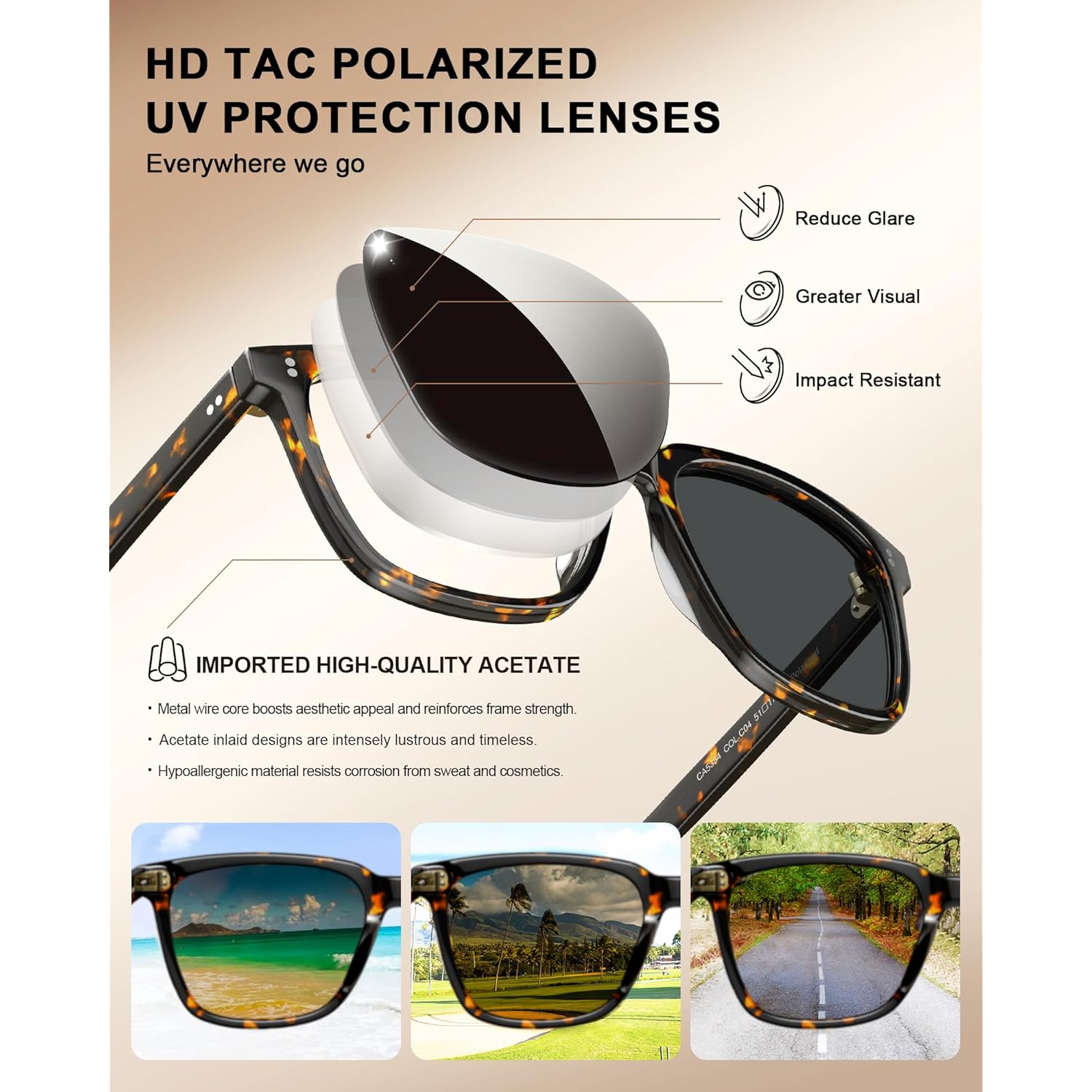 CARFIA Polarized Sunglasses for Women: Acetate, Small/Medium Size, UV400 Anti Glare CA5354