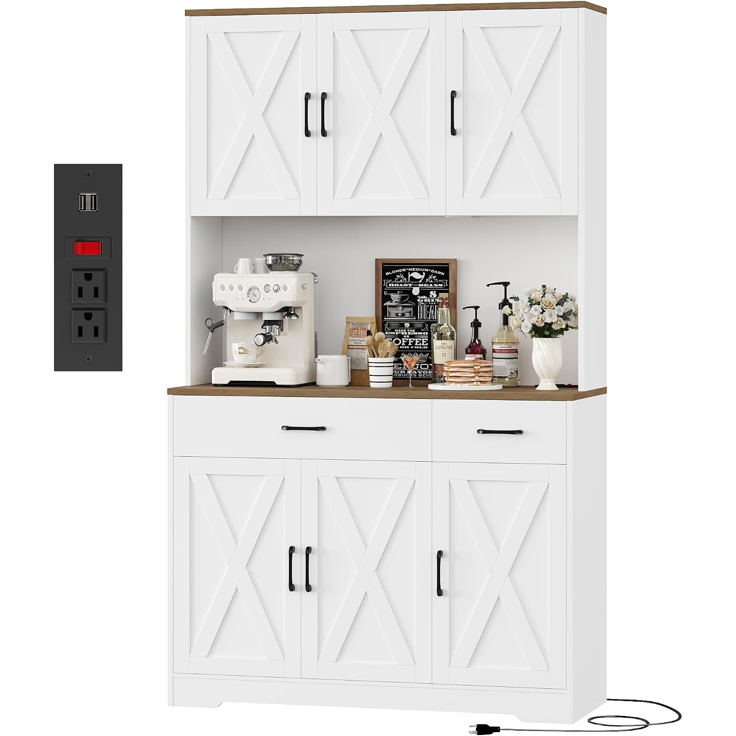 Hostack 71"H Kitchen Pantry Storage Cabinet, Farmhouse Hutch Cabinet, White | Space-Saving Pantry Cabinet With Charging Station & 2 Large Drawers & Adjustable Shelves, Tall Kitchen Hutch For Dining Room