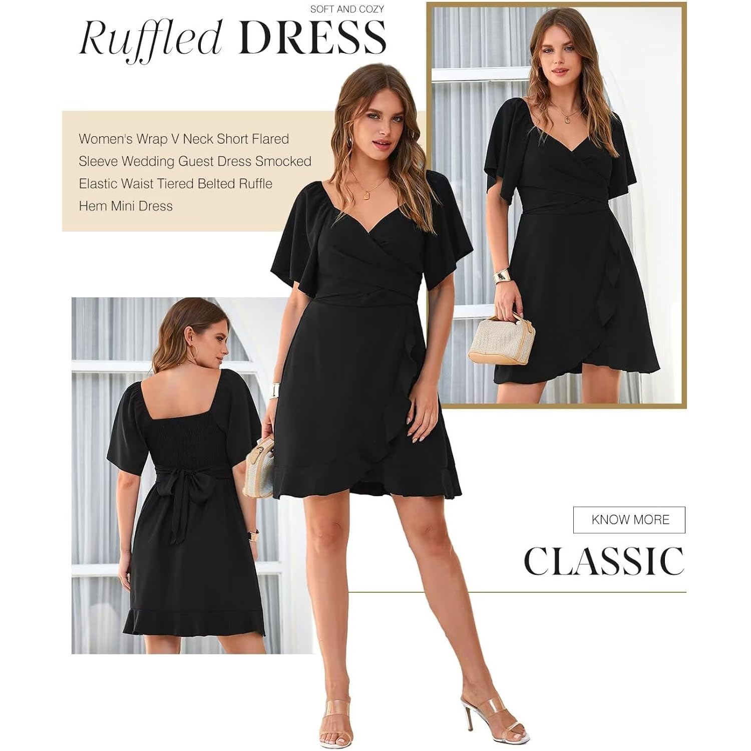 Dokotoo Women'S Wrap V Neck Short Flared Sleeve Wedding Guest Dress Smocked Elastic Waist Tiered Belted Ruffle Hem Mini Dress