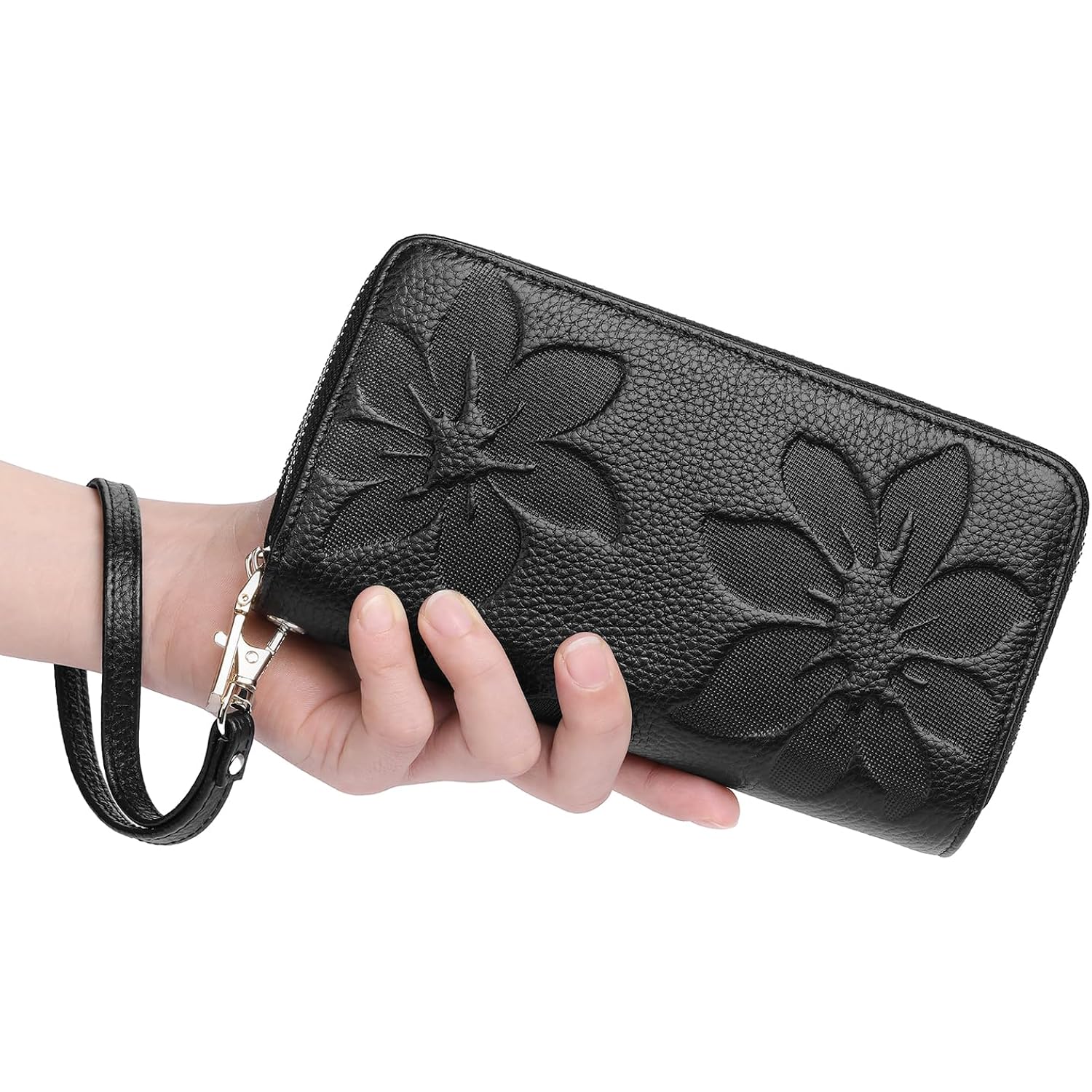 GOIACII Women's Wallet Large Capacity Double Zip Ladies Card Phone Holder RFID Blocking Wristlet Leather
