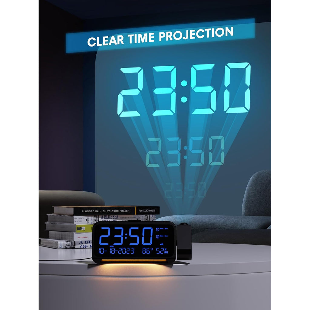 Mesqool Projection Alarm Clock Ceiling Display, With Temperature, Humidity | Dual Alarms, 5-Level Dimmer, Date, Night Light, Weekday/Weekend Mode, 12/24H, Dst, , Snooze, 180° Rotatable, For Bedroom