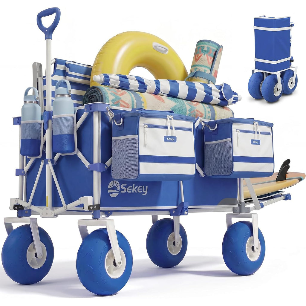 Sekey Heavy Duty Beach Wagon With 9" Big Sand-Proof Wheels, 300L Oversized Foldable Beach Cart With Cooler| Adjustable Handle & Balloon Tires For Sand, Camping,Vacation