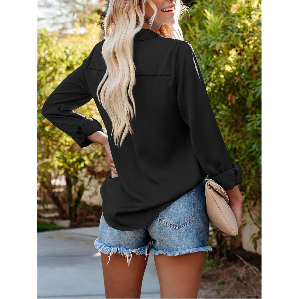 Siliteelon Womens Button Down Shirts Solid Dress Shirts Long Sleeve Flowy Collared Work Office Business Blouses Chiffon Tops