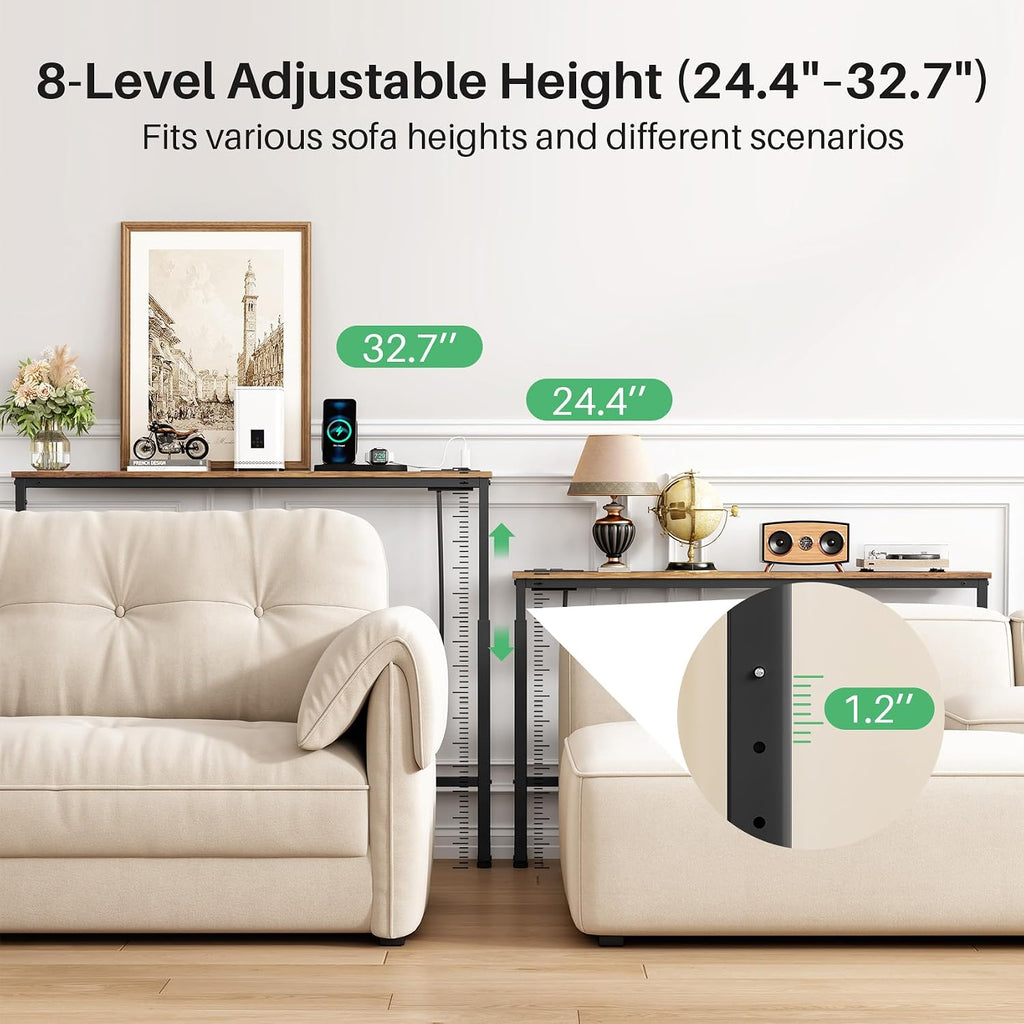 Kitstorack 2-Pack Narrow Console Table With Adjustable Height (25"-33") & 2 Power Outlets, Skinny Behind Couch Table, 78.8" Long X 5.9" Wide Sofa Side Table For Living Room, Rustic Brown