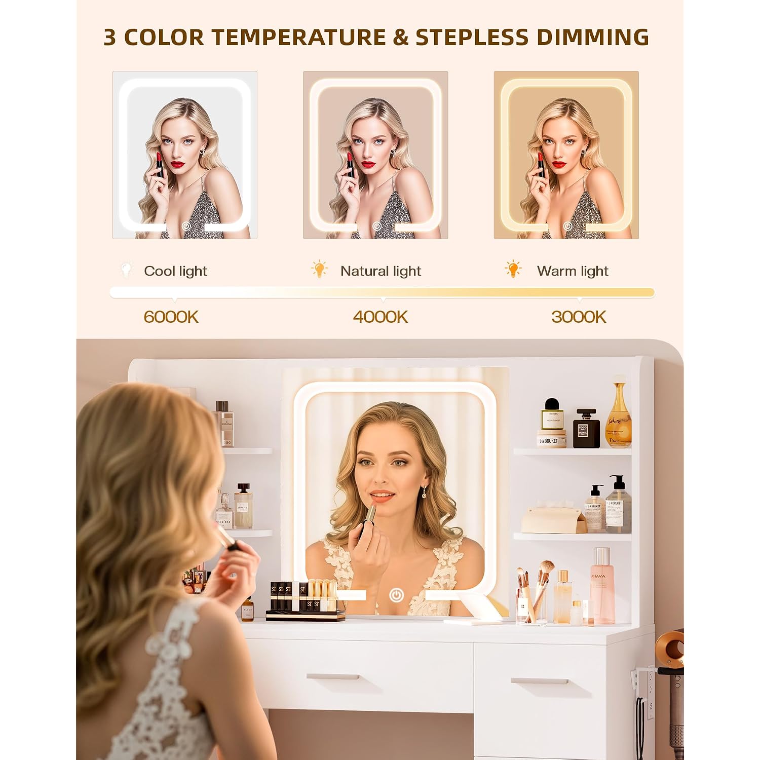 Livelyglow 43" Large White Makeup Vanity Desk With Charging Station | Smart Led Mirror, Hairdryer Holder, 7 Drawers, 4 Shelves