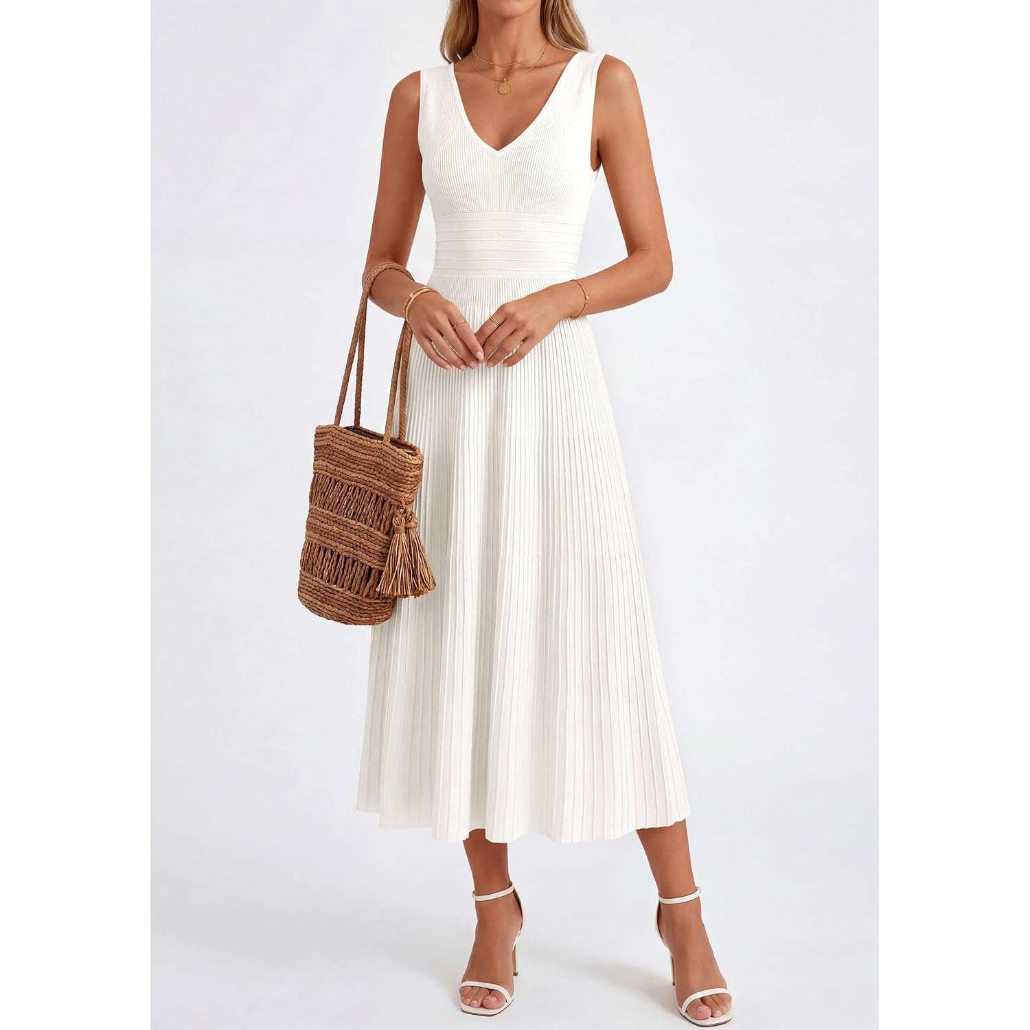 Prettygarden Summer Dresses For Women 2026 Spring Casual Sleeveless V Neck Pleated Midi Work Cocktail Wedding Guest Dress