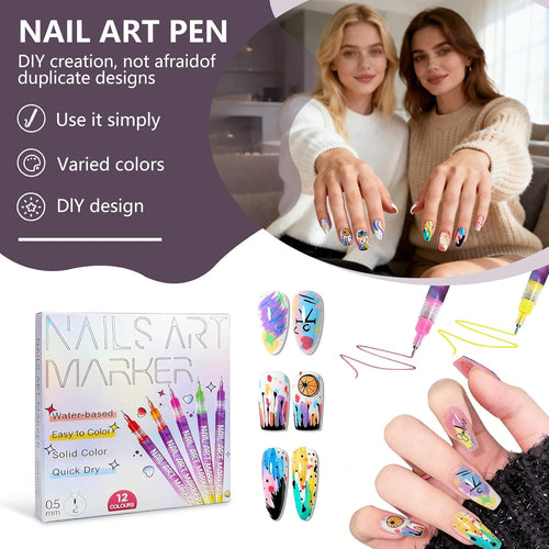 12 Color Nail Art Pens Set, 0.5MM Nail Art Markers Nail Polish Pen for Painting Nails, 3D Quick Dry Waterproof Nail Doodle Marker Kit for DIY Fingernail Design
