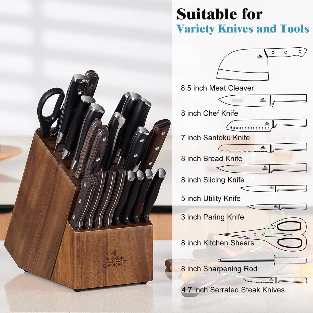 Knife Block Without Knives, Large Knife Holder- 25 Slots Acacia Wood Universal Knife Block, Butcher Block Countertop For Knife Storage Organizer