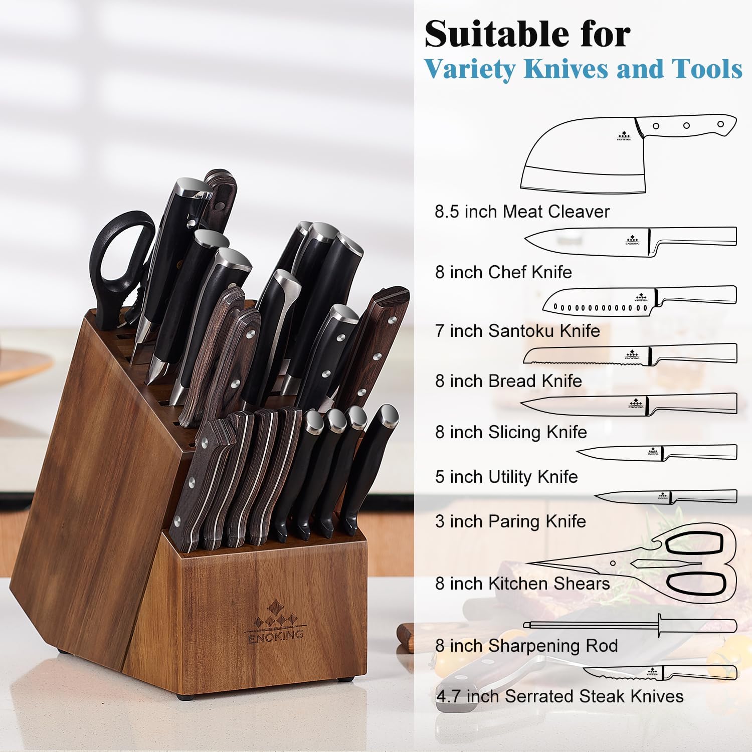 Knife Block Without Knives, Large Knife Holder- 25 Slots Acacia Wood Universal Knife Block, Butcher Block Countertop For Knife Storage Organizer