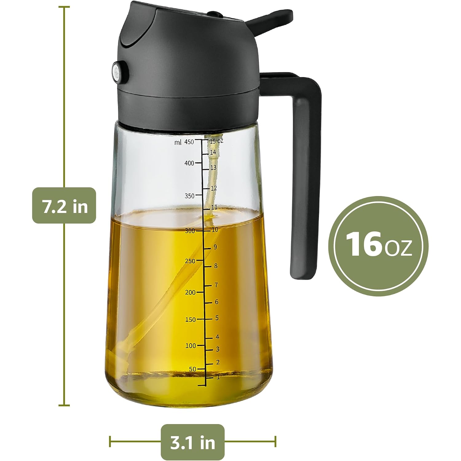 Finedine 16Oz Olive Oil Sprayer For Cooking, 2 In 1 Olive Oil Dispenser Bottle For Kitchen, Air Fryer, Salad, Bbq & Baking – Dual Spray Mist & Stream, With Measurement Marks, Black