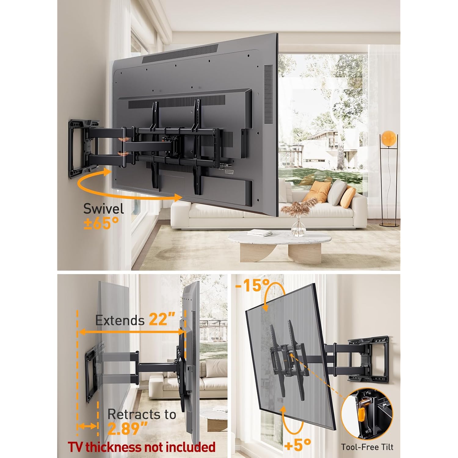 Perlegear UL-Listed Full Motion TV Wall Mount for 42–90 Inch TVs up to 150 lbs, Pre-Assembled TV Mount with Tool-Free Tilt, Swivel, Extension, Max VESA 600 x 400mm, 12″/16″/18″/24″ Wood Studs, PGLF16