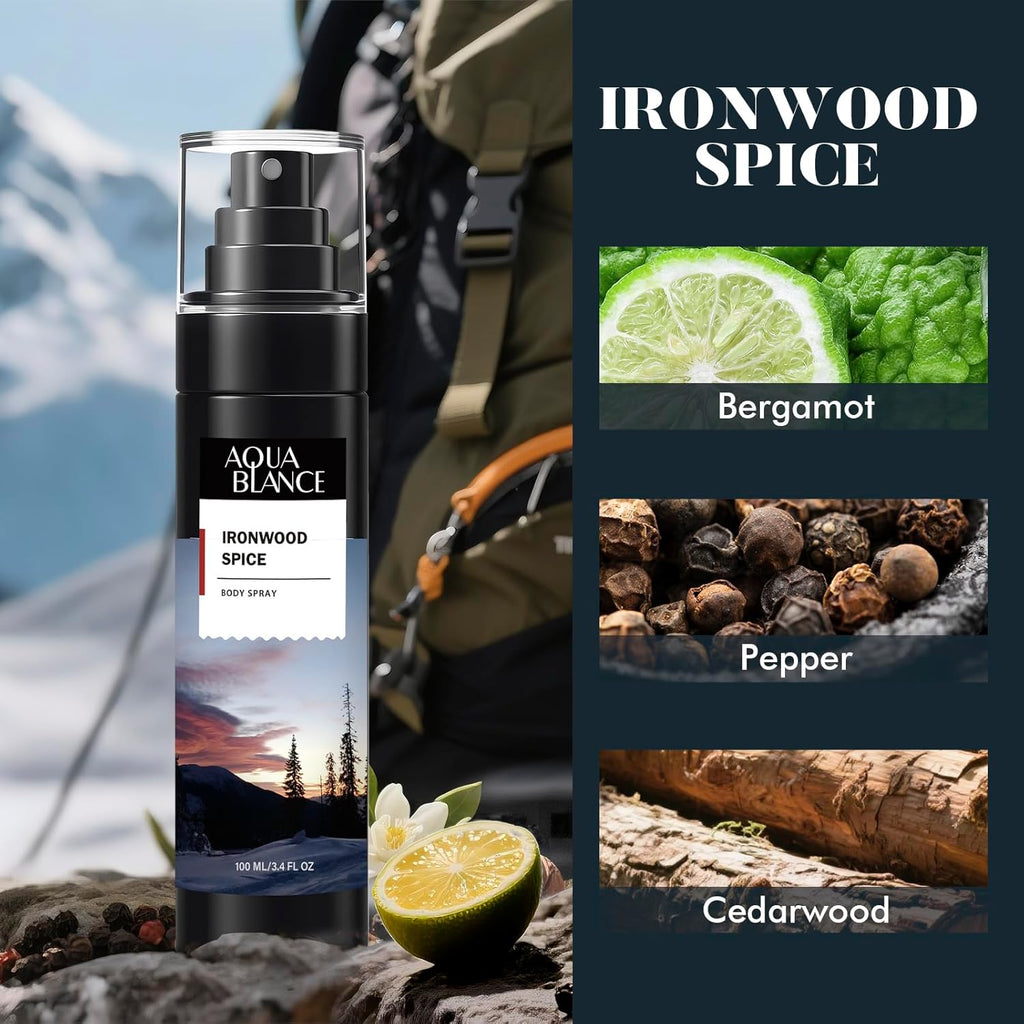 AQUA BLANCE Body Spray for Men, Mens Body Refreshing Spray, Long Lasting, Pack of 3, Each 3.4 Fl Oz, Total 10.2 Fl Oz, Ironwood Spice, Sailor' s Essence, Leather Citrus