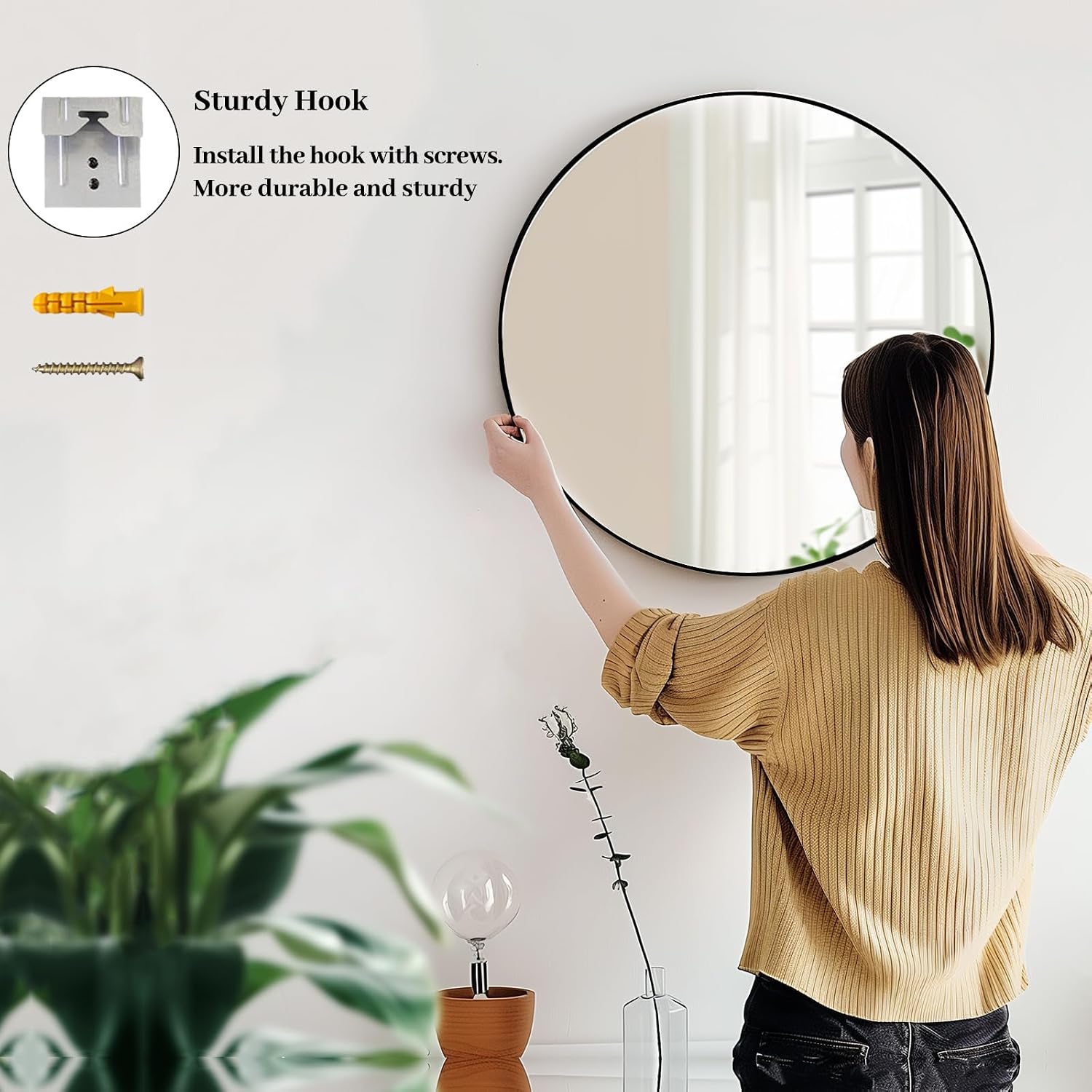 Black Round Mirror, Round Mirror 24 Inch, Black Circle Mirrors Matte Metal Frame, Wall Mounted Mirrors For Living Room, Bathroom, Wall, Entryway.