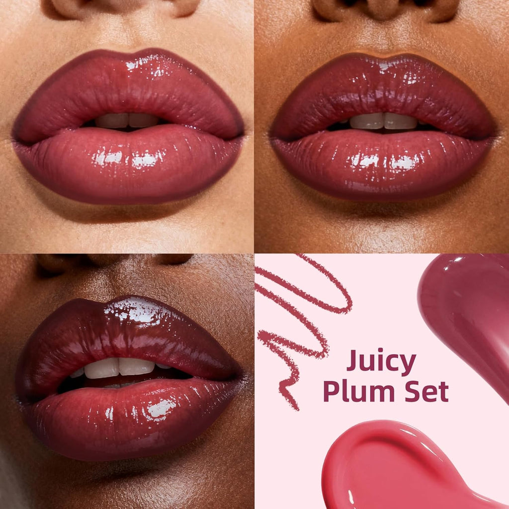 3 Pack Lip Combo Set - Matte Lip Liner Pencil + Hydrating Tinted Lip Balm + Plumping Lip Gloss, Non-Sticky, Long-Lasting, 3-in-1 Lip Makeup Kit for Plump, Hydrated & Glossy Lips (Juicy Plum Set)