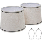 Drum Lampshades Set Of 2, Fabric Lampshades For Table & Floor Lamps, Medium Size 13" Top X 11" Bottom X 10" High, Natural Linen Hand Crafted, Lamp Shade Harp Holder Included