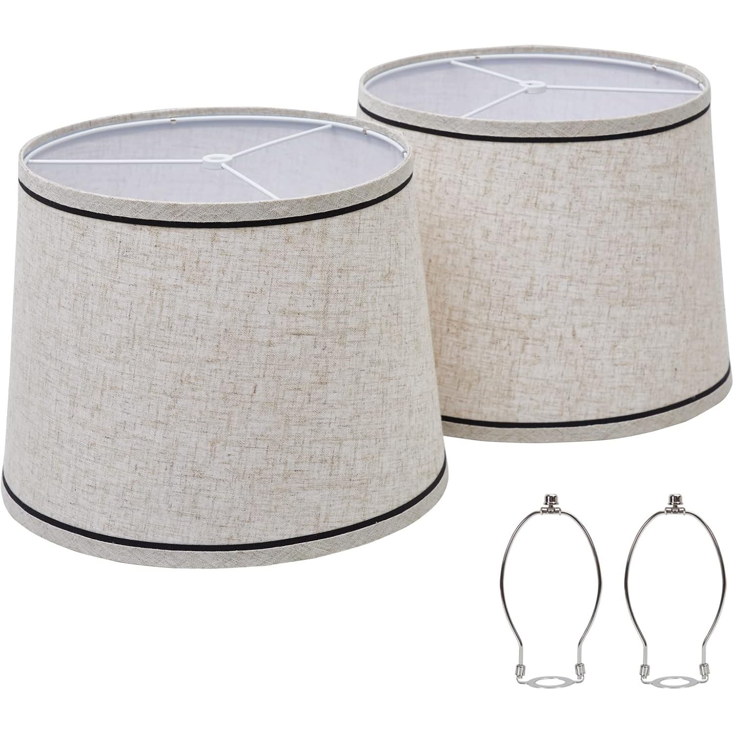 Drum Lampshades Set Of 2, Fabric Lampshades For Table & Floor Lamps, Medium Size 13" Top X 11" Bottom X 10" High, Natural Linen Hand Crafted, Lamp Shade Harp Holder Included