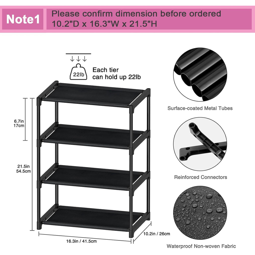 4 Tier Extra Small Shoe Rack (16.3" Wide), Narrow Stackable Kids Toddler Adult Shoe Storage Organizer Shelf For Closet Floor Entryway Bedroom, Space Saver Shoe Rack Organization Shelves