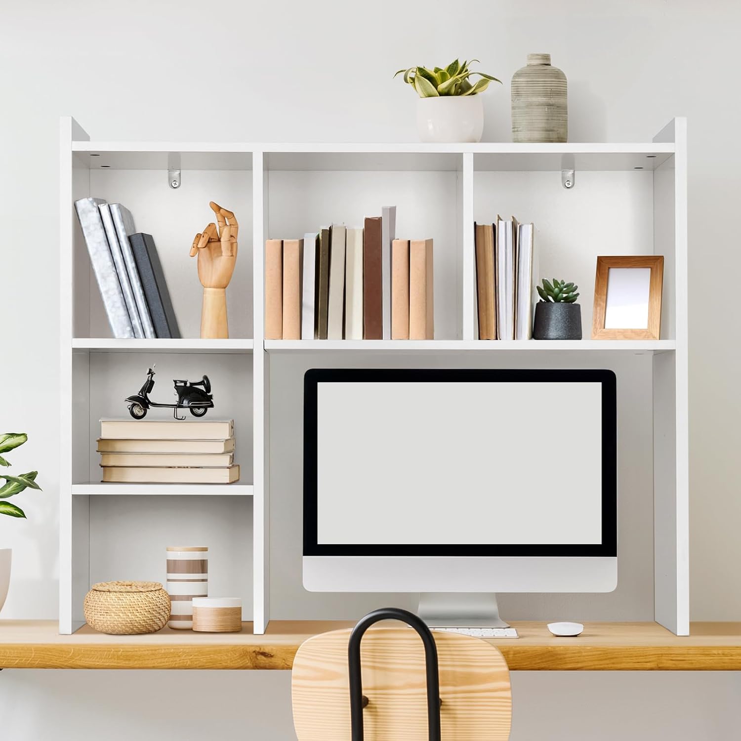 Oook White Desk Hutch, Dorm Organizers And Storage, Desktop Bookshelf With 5 Shelves, 3-Tier Wooden Desktop Organizer, Computer Desk With Hutch For Office Dorm Home