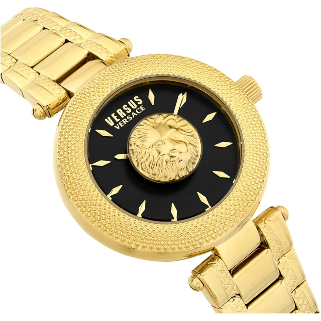 Versus Versace Brick Lane Lion Women'S Watch, 36Mm Gold Tone Stainless Steel Case, Black Sunray Dial, Gold Tone Bracelet, Quartz Movement, 3 Atm Water Resistant