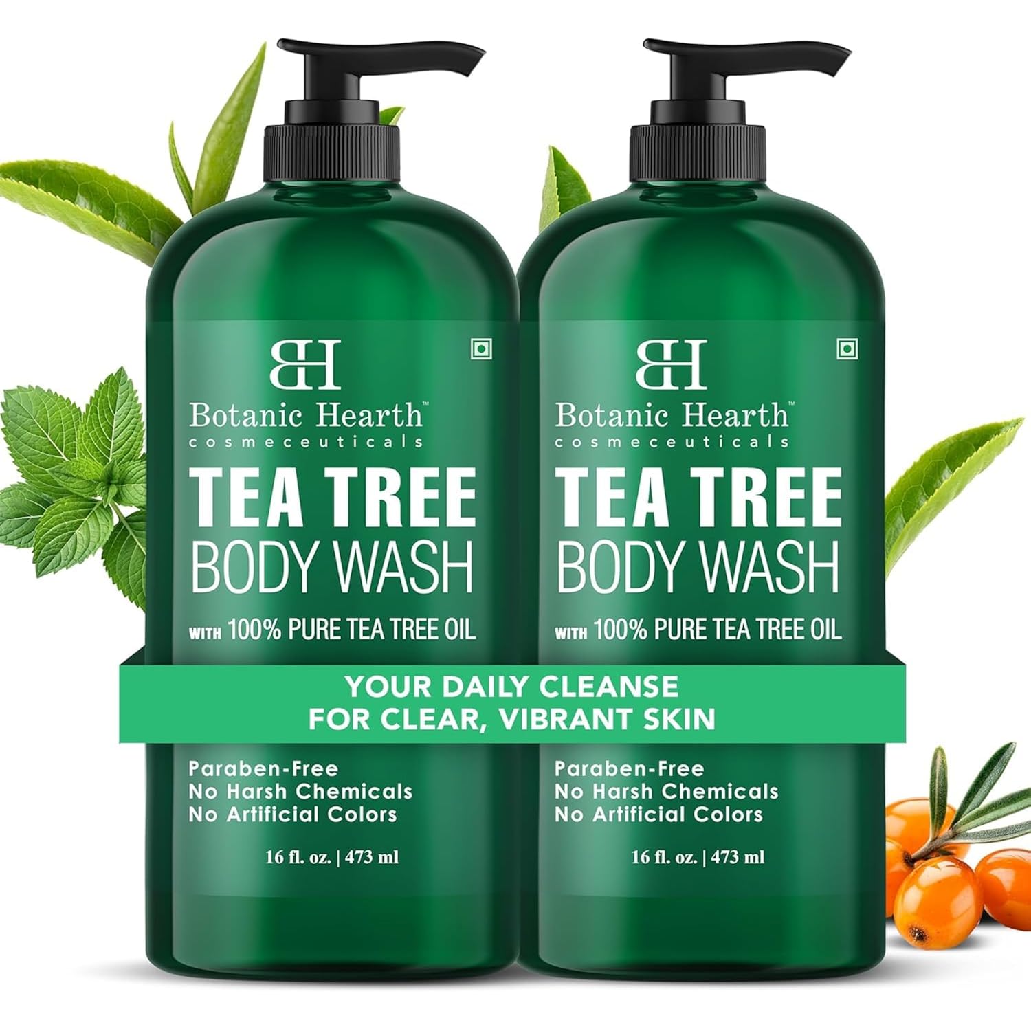 Botanic Hearth Tea Tree Body Wash, 16 Fl Oz (473 Ml) Pack Of 2 | With Tea Tree Oil, Peppermint & Sea Buckthorn | Gently Cleanses, Refreshes & Nourishes Skin | Sulfate & Paraben Free | For Men & Women