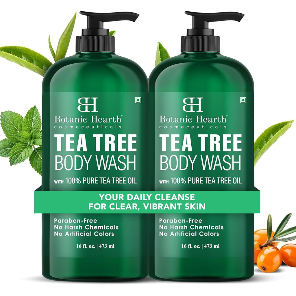 Botanic Hearth Tea Tree Body Wash, 16 Fl Oz (473 Ml) Pack Of 2 | With Tea Tree Oil, Peppermint & Sea Buckthorn | Gently Cleanses, Refreshes & Nourishes Skin | Sulfate & Paraben Free | For Men & Women