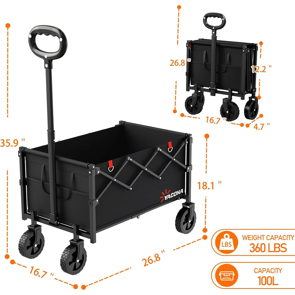 Yozoia Wagons Carts Foldable, Lightweight Portable Utility Shopping Cart With Wheels, Folding Grocery Wagon Cart For Grocery, Camping, Shopping, Beach, Garden, Sports Black