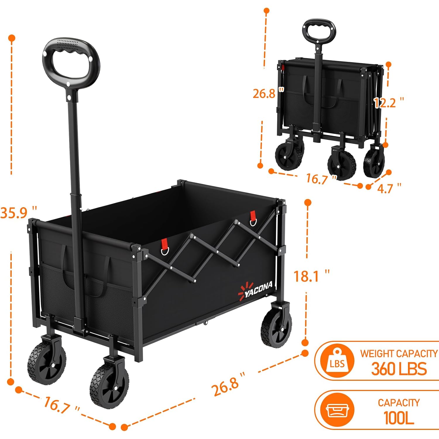 Yozoia Wagons Carts Foldable, Lightweight Portable Utility Shopping Cart With Wheels, Folding Grocery Wagon Cart For Grocery, Camping, Shopping, Beach, Garden, Sports Black