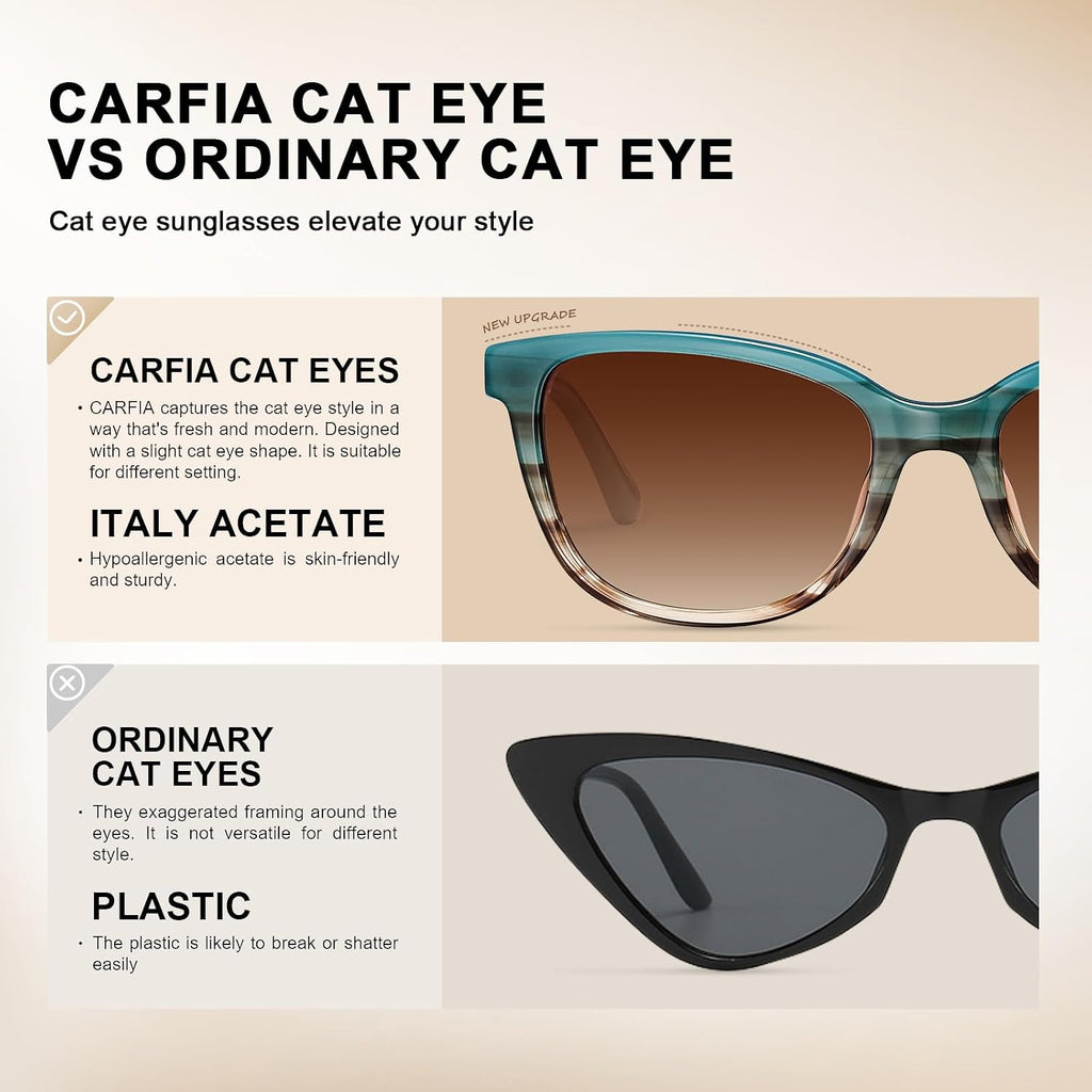CARFIA Designer Acetate Womens Polarized Sunglasses Fit Most Face Shapes Trendy Shades UV Protection Hypoallergenic Handmade 1. Blue&brown Floral Frame Gradient Brown Lens