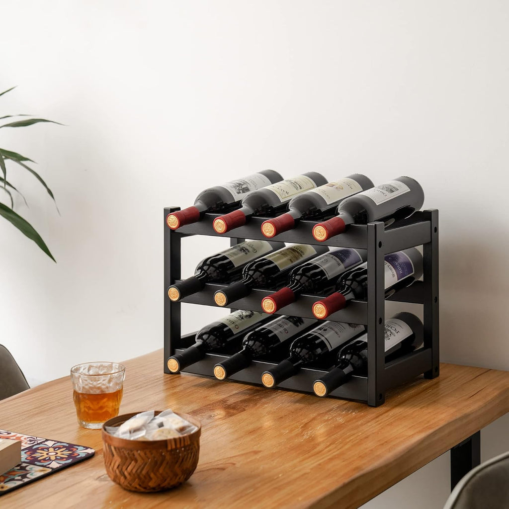 Vasmia Bamboo Wine Rack, Sturdy And Durable Wine Storage Cabinet Shelf, Wine Racks Countertop For Pantry,Kitchen,3-Tier 12 Bottles Wine Rack Black