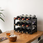 Vasmia Bamboo Wine Rack, Sturdy And Durable Wine Storage Cabinet Shelf, Wine Racks Countertop For Pantry,Kitchen,3-Tier 12 Bottles Wine Rack Black
