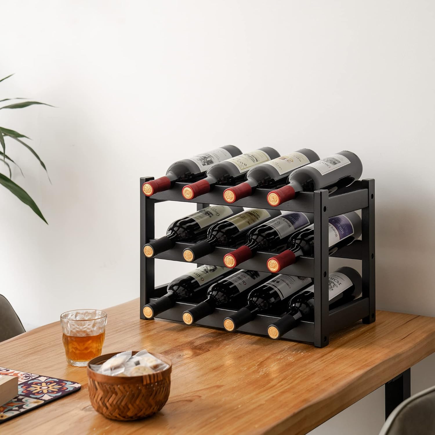 Vasmia Bamboo Wine Rack, Sturdy And Durable Wine Storage Cabinet Shelf, Wine Racks Countertop For Pantry,Kitchen,3-Tier 12 Bottles Wine Rack Black