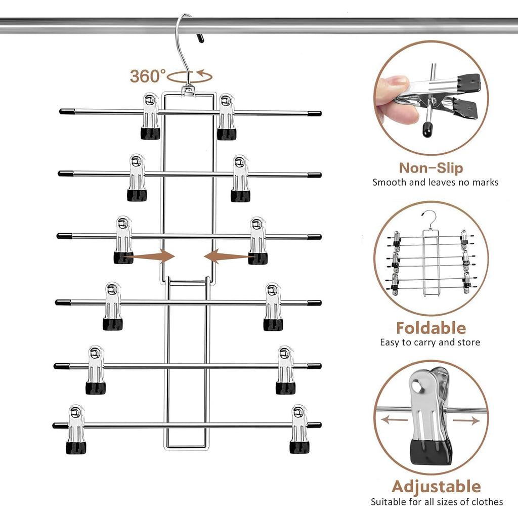 Pants Hangers With Clips,Space Saving Hanging Closet Organizer-6 Tiers Skirt Hangers With 360° Swivel Hook,Closet Organizer-Clothes Hangers- College Dorm Essentials Apartment Essentials-2 Pack