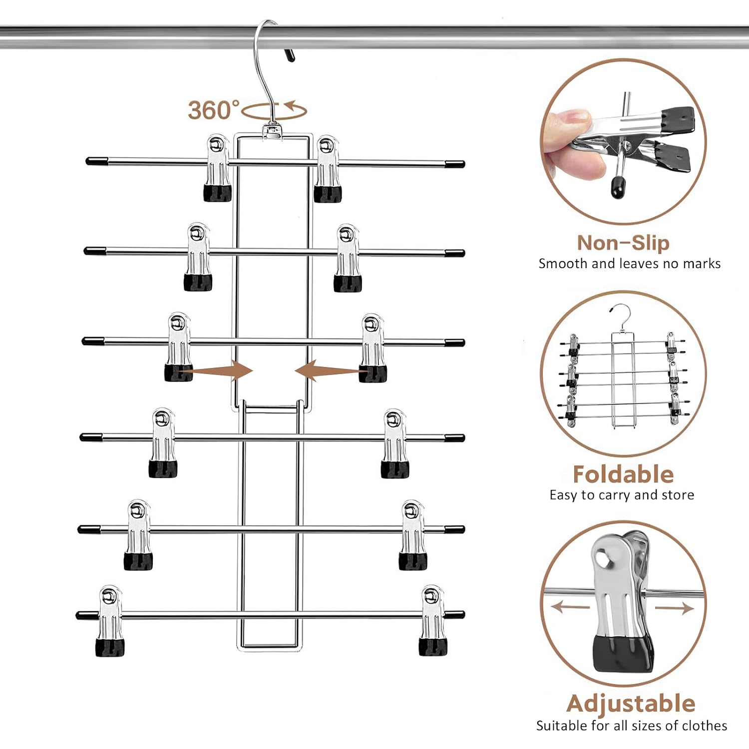 Pants Hangers With Clips,Space Saving Hanging Closet Organizer-6 Tiers Skirt Hangers With 360° Swivel Hook,Closet Organizer-Clothes Hangers- College Dorm Essentials Apartment Essentials-2 Pack