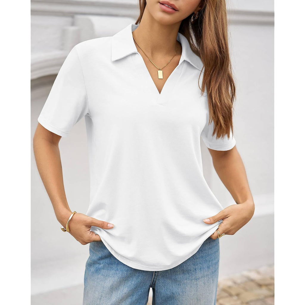 Unclecat Womens Polo Shirts Short Sleeve V Neck Business Casual Collared Tops Summer Dressy Blouses