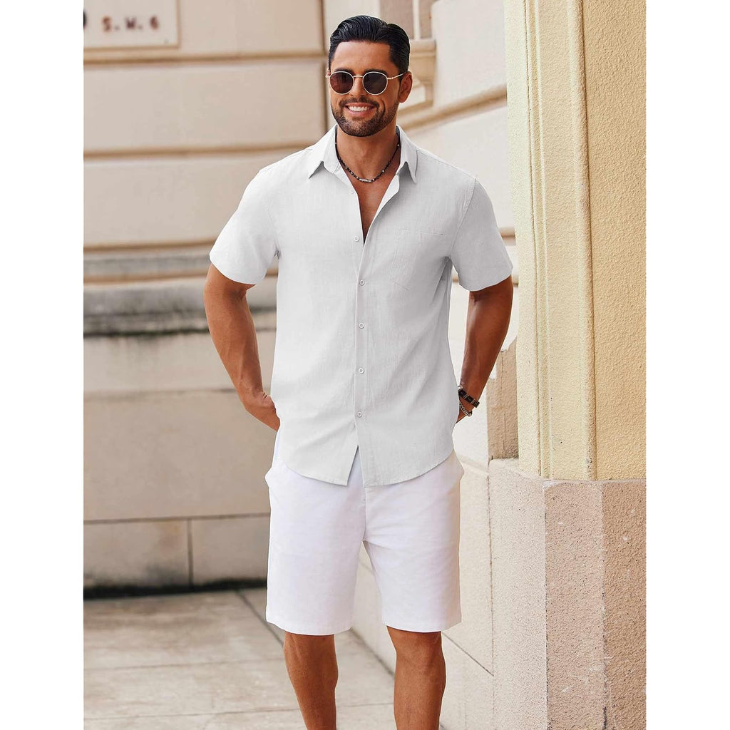 Coofandy Men'S Button Down Short Sleeve Shirt Casual Cotton Summer Beach Linen Wedding Shirts With Pocket