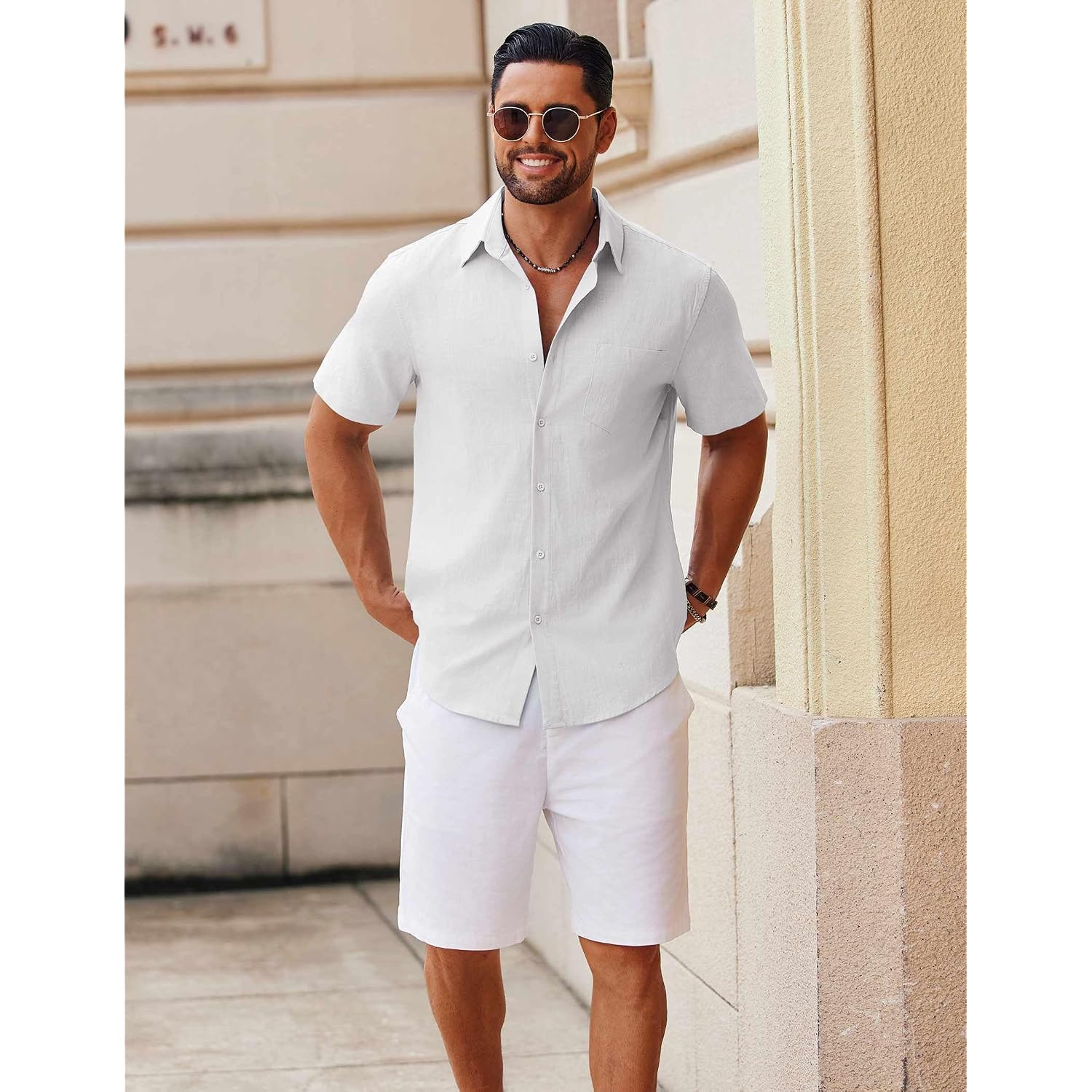 Coofandy Men'S Button Down Short Sleeve Shirt Casual Cotton Summer Beach Linen Wedding Shirts With Pocket
