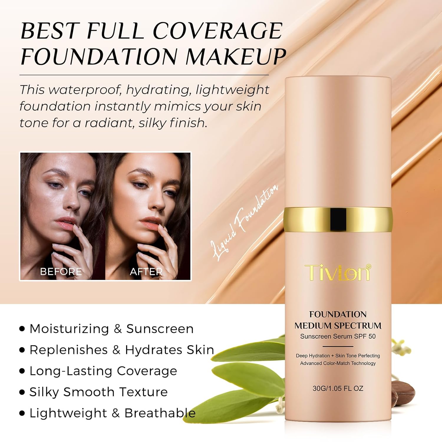 Foundation 4 in 1 - Medium Spectrum with SPF 50+, Anti-Aging, Concealer, Sun Protection, Hydrating Color Changing Foundation Makeup Liquid - Longwearing & Waterproof for Sport, Dancing (1PC, 30ml)