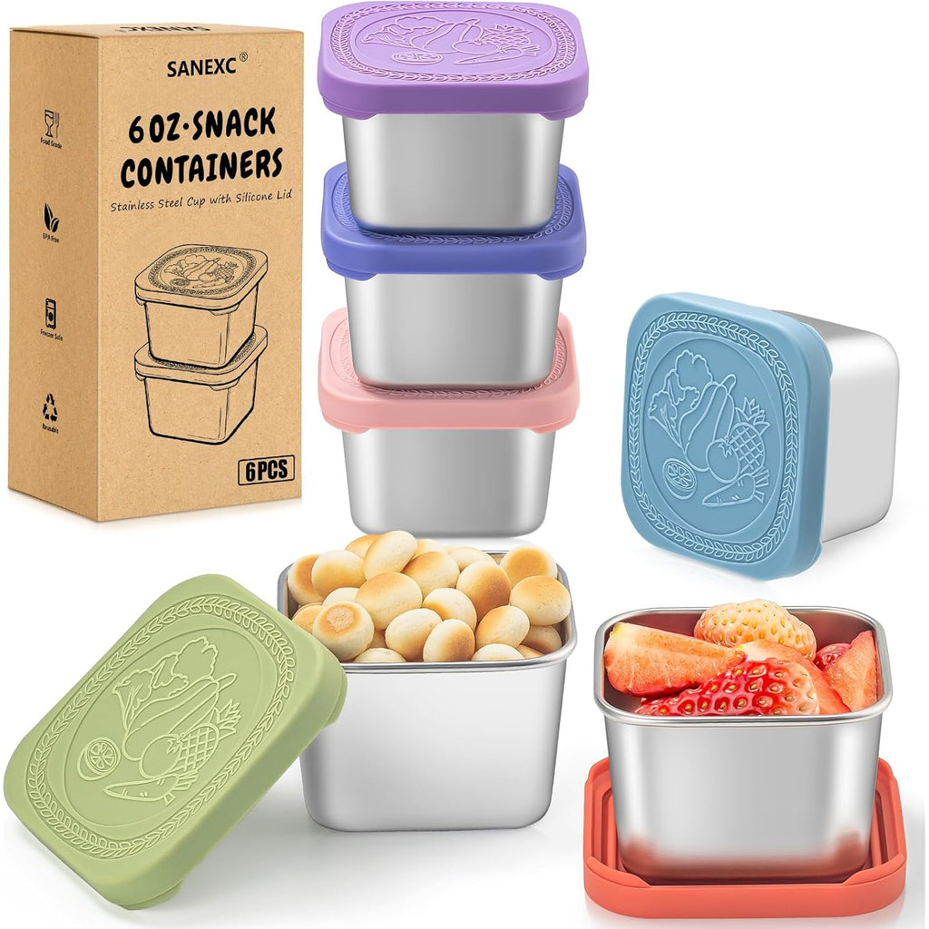 6 Oz Stainless Steel Snack Containers For Kids - 6 Pack Metal Food Containers With Lids Silicone Easy Open 100% Leak Proof Bpa Free Reusable Baby Lunch Box For Daycare Travel And Office