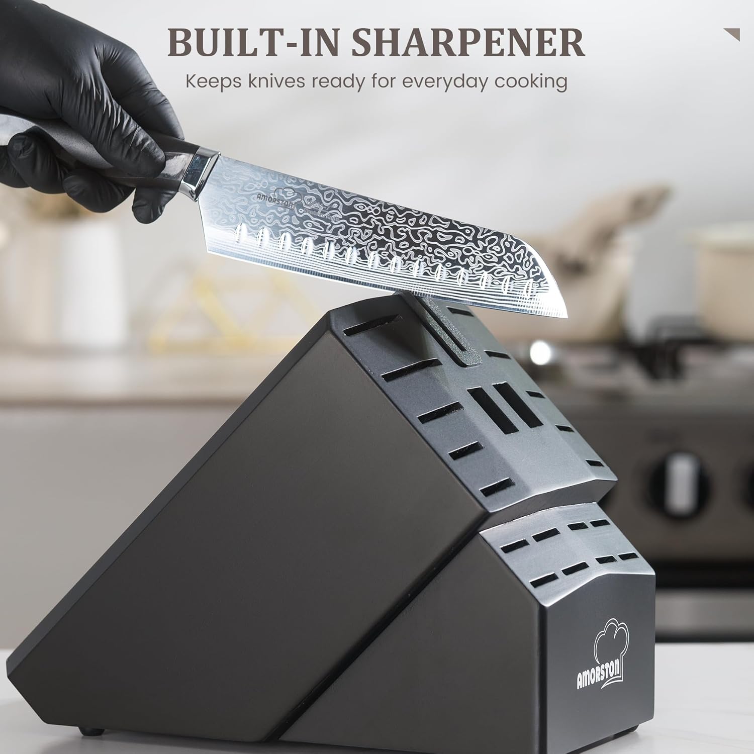 Amorston 22 Pieces Knife Set, Laser Engraved High Carbon Stainless Steel Knife Block Set, Full Tang Professional Kitchen Knife Set with Built-in Sharpener, Mothers Day Gifts for Kitchen