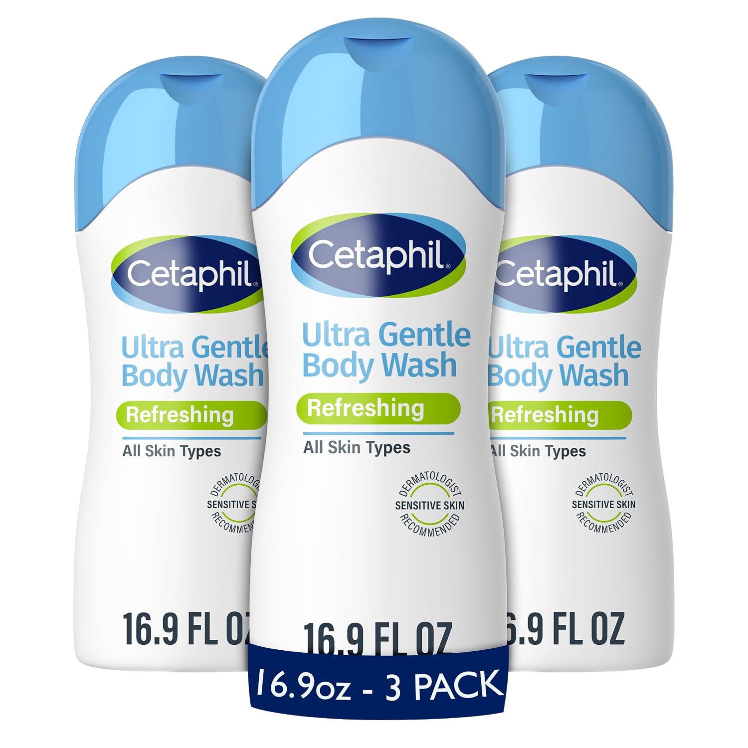 Cetaphil Ultra Gentle Refreshing Body Wash, Refreshing Scent For Dry To Normal, Sensitive Skin, 16.9Oz Pack Of 3, With Aloe Vera, Calendula, Vitamin B5, Hypoallergenic, Dermatologist Tested