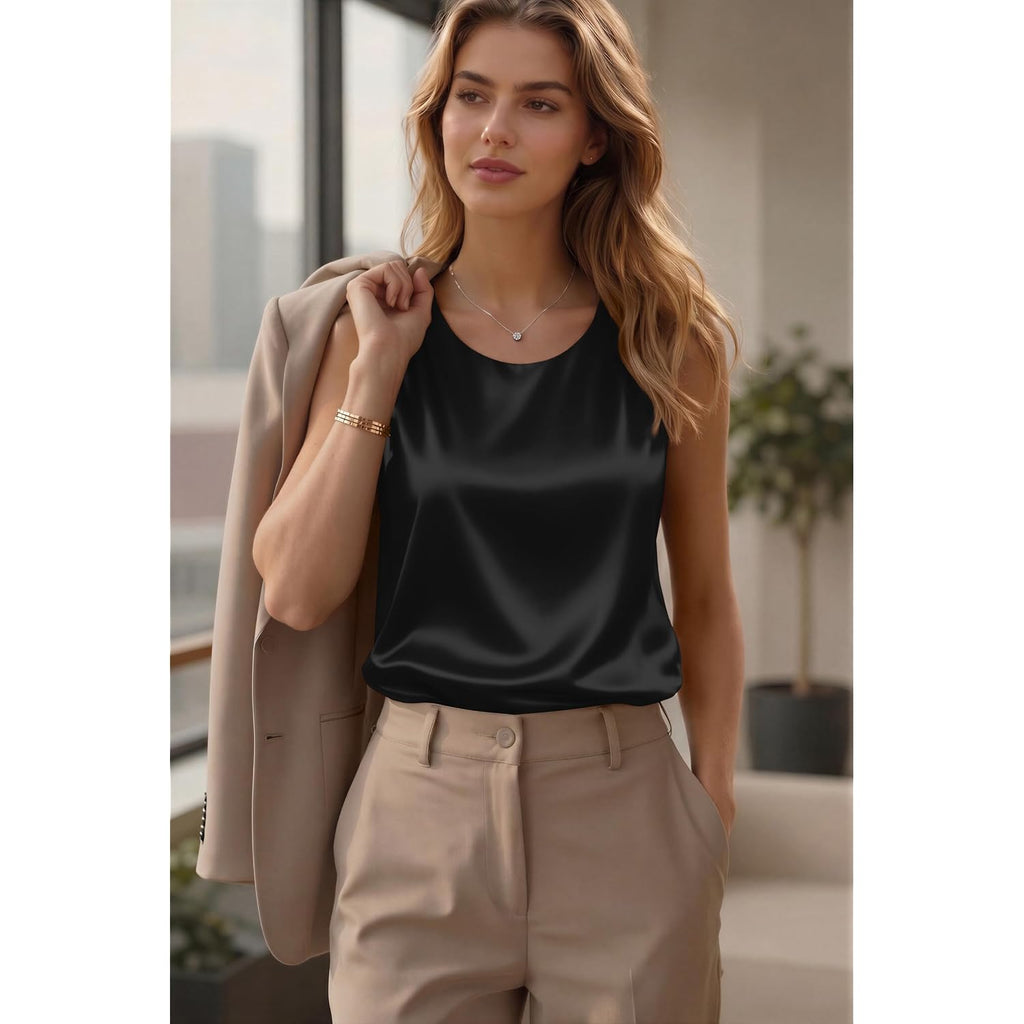 Zeagoo Womens Satin Tank Top Pleated Sleeveless Blouse Dressy Casual Tops Crewneck Silk Shirts Business Summer Clothes