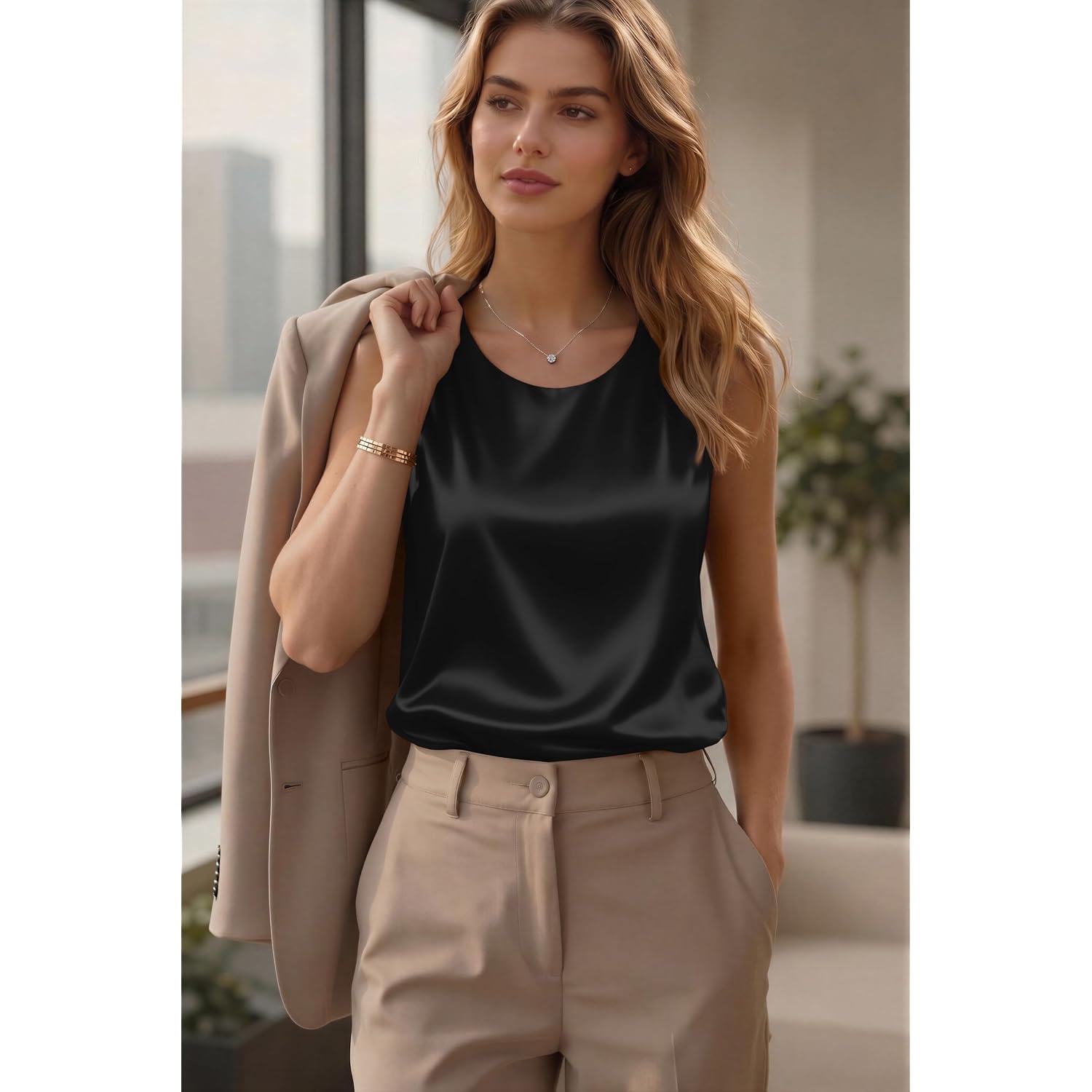 Zeagoo Womens Satin Tank Top Pleated Sleeveless Blouse Dressy Casual Tops Crewneck Silk Shirts Business Summer Clothes